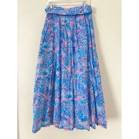 Talbots Cotton Voile Maxi Skirt Flowing Floral Blue Pink Tropical Pockets Tie 10 - Picture 4 of 5